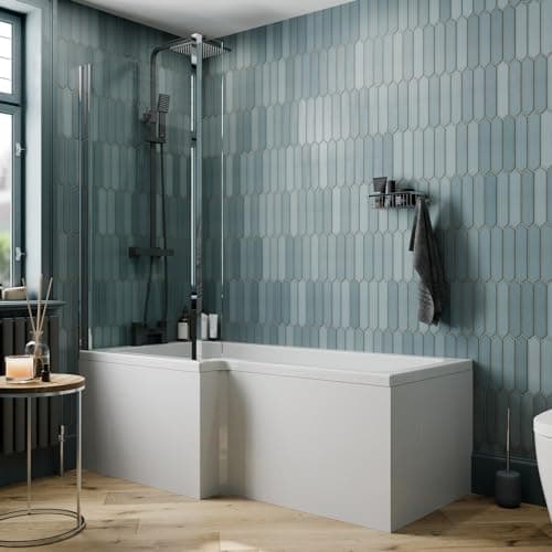 Image of BAYSTONE 1700 x 855mm Left Hand L Shaped Shower Bath Bathtub with Front Panel + Chrome Bath Screen