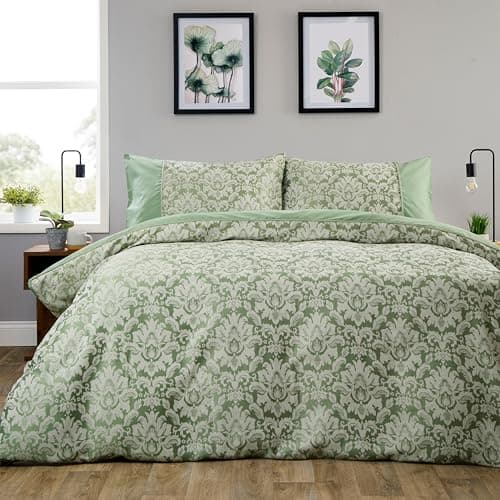 Image of Olivia Rocco Savoy Jacquard Duvet Cover Set Quilted Bedding Covers with Pillowcases, Sage Green Double