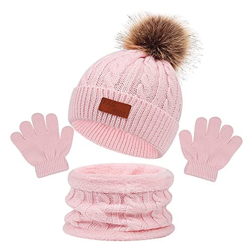 Image of Jagowa Kids Winter Warm Beanie Hat Scarf Gloves Set Thermal Neck Warmer Elastic Soft Hat for Baby Toddler Girls Boys Outdoor Sports Winter Accessories Sets (Pink)