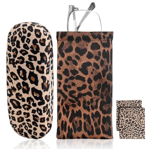 Image of InteDesign 2PCS Leopard Print Glasses Case Sets, Hard Shell Eyeglasses Case, Leopard Print Leather Glasses Case, Portable Sunglasses Pouch, Fashionable Glasses Case, with 2 Sheet Cleaning Cloths