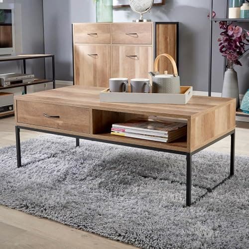 Image of Home Source Modern Coffee Table, 1 Drawer, 1 Shelf Storage, Weathered Oak Effect Finish