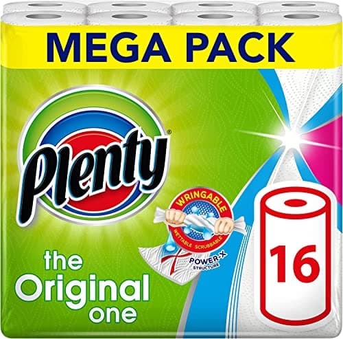 Image of PLENTY Kitchen Towel, 16 White Rolls, 1600 Sheets of Kitchen Roll, 2-Ply Tissue