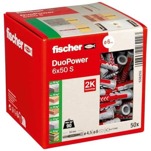 Image of Fischer DuoPower 6 x 50 S, Powerful Universal Plug with Safety Screw, Intelligent 2-Component Technology for fastenings in Concrete, Bricks, Stone, Gypsum plasterboard, etc., 50 Plugs & 50 Screws