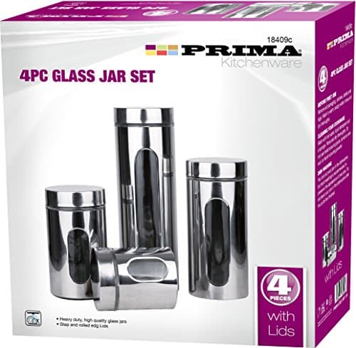 Image of BARGAINS-GALORE 4Pc Stainless Steel Canister Set - Store Tea Coffee Sugar | Kitchen Glass Jars For Storage Organiser Food Pasta Multi Purpose Strong Durable, With Glass Window