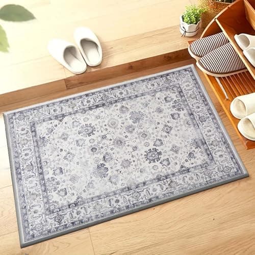 Image of Hafaa Machine Washable Bedside Small Rug 40x60 cm - Soft Short Pile Grey Area Rugs For Bedroom Entrway Non Slip Floor Carpet Traditional Vintage Design Cashmere Door Mat For Kitchen Bathroom, Serene