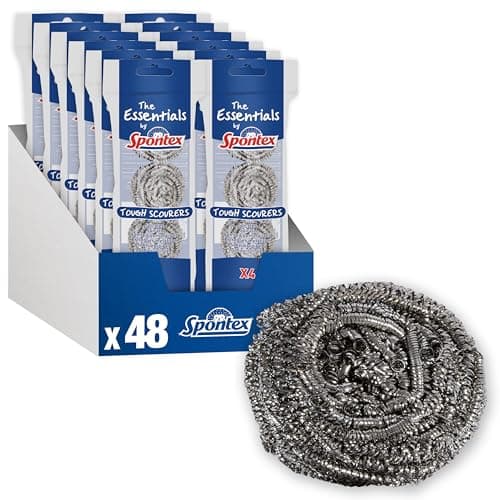 Image of Spontex The Essentials Tough Metal Scourers | Stainless Steel Scouring Sponges | Heavy Duty for Easy Washing Up, Grease Removal and Dish Scrubbing | 12 x 4 Pack (48 Total)
