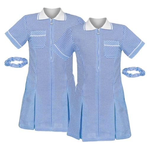 Image of janisramone® Girls Gingham School Dress, Pack of 2 Short Sleeve Check Print Summer Dress, Zip Up Pleated School Uniform Girls with Side Pockets and Hair Bobble, Ages 3-18 Sky Blue