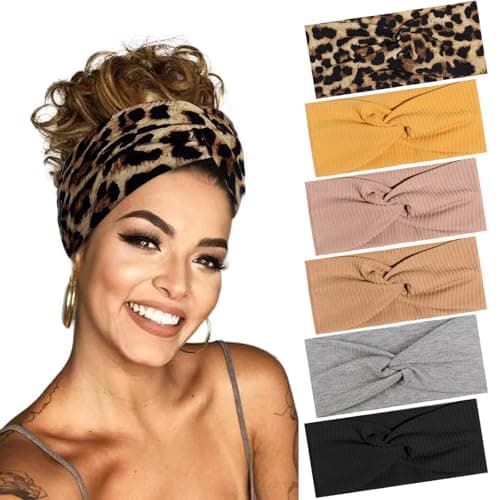 Image of BELEVO Hair Bands for Women, 6 Pcs Elastic Head Bands Boho Wide Soft Ladies Headband, Yoga Sports Hair Accessories for Women (Leopard Print, Solid Color)