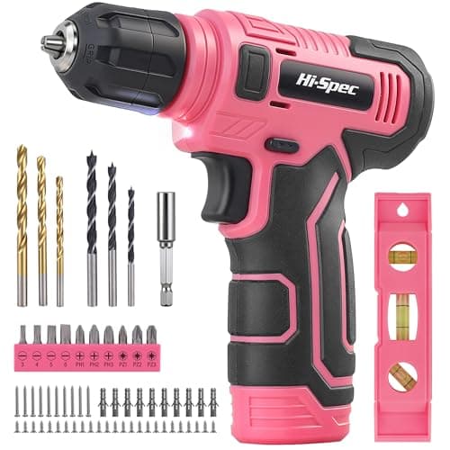 Image of Hi-Spec 8V USB Pink Power Drill Driver & Screw Bit Set for Women. Ladies Cordless & Rechargeable Electric Drill Driver with Wall Hanging Kit