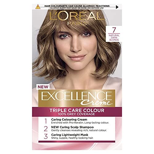Image of L'Oréal Paris Excellence Crème Permanent Hair Dye, Radiant At-Home Hair Colour with up to 100% Grey Coverage, Pro-Keratin, Up to 8 Weeks of Colour, Colour: 7 Natural Dark Blonde