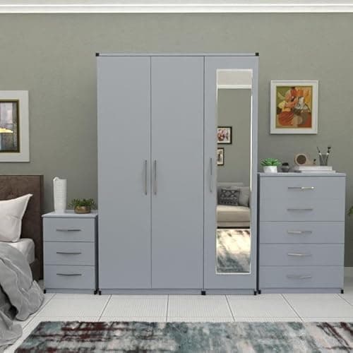Image of Fully Assembled Furniture Set, 3 Door Mirrored Wardrobe 116cm, Chest of Drawers 73cm, Bedside Table 62cm, White (Silver)