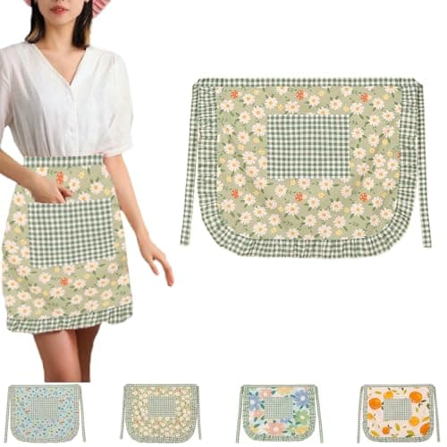 Image of JYJLLM Women’s Soft, Breathable Half Kitchen Apron, Floral Print Cotton Apron with Adjustable Ties, Stylish Housewarming Gift for Baking,Cooking, Gardening (Green flowers)
