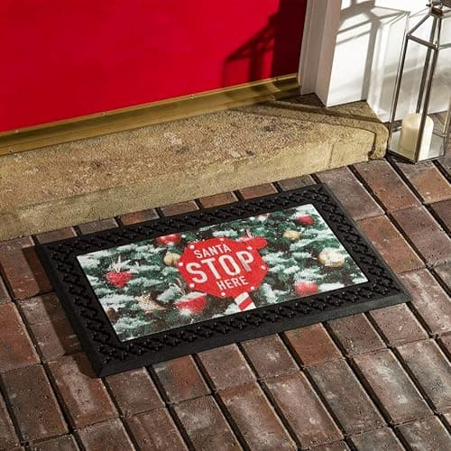 Image of Christmas Doormat - 45 x 75cm - Pack of 1 - LED Illuminated 'SANTA STOP HERE' Design with Merry Christmas Melody - Indoor/Outdoor Non-Slip Rubber Backing - Festive Holiday Décor