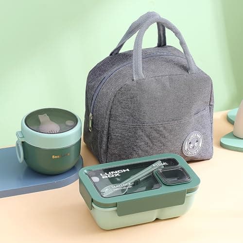 Image of Esilihom Lunch Box Adults, Leakproof Bento Box Set with Lunch Bag, Utensils, Oats Container, for Men Women Student Office School, Food Storage with Fork & Spoon,Green