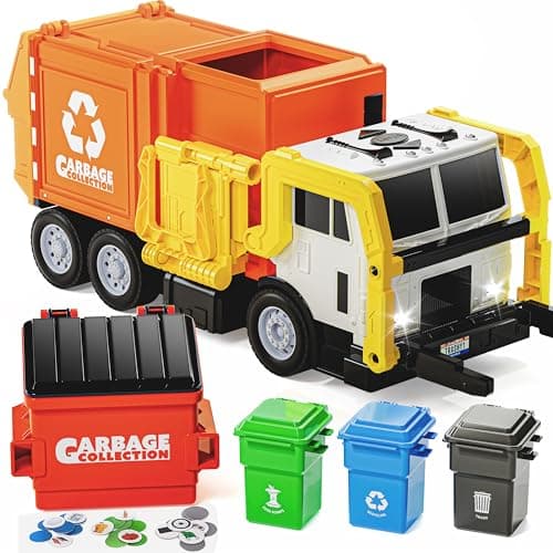 Image of JOYIN Toys for 3 4 5 6 7 8+Years Old Boys,Garbage Truck Toys, Bin Lorry Toy,Realistic Garbage Truck with Lights and Sounds,Front Load Dumpster,Trash Bins with Trash Cards,Birthday Gifts for Boys