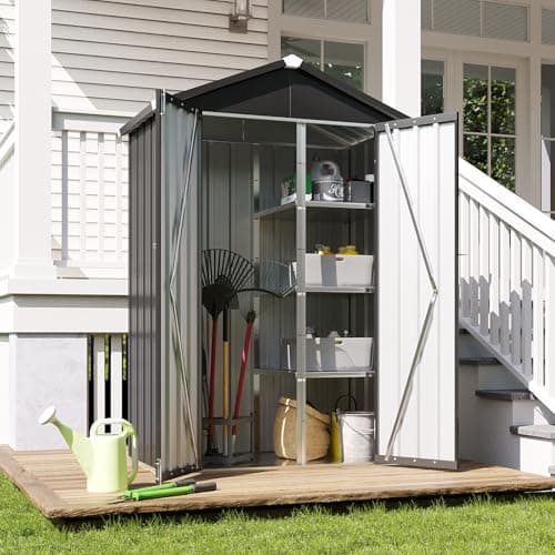 Image of Aoxun 4 x 2ft Metal Garden Shed with Base & Adjustable Shelves, 177cm High with Lockable Double Doors Galvanized Steel Outdoor Storage Shed Weatherproof for Patio Garage Backyard