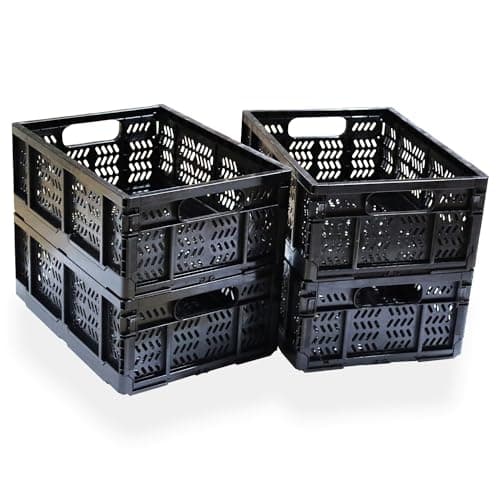 Image of KINGSUSLAY 4 Pack Plastic Storage Crates, Home Kitchen Office Storage Box, 20L Foldable Storage Basket Bins for Foods, Fruits, Vegetables, Snacks, Clothes,Toys, Pantry Storage (Black)