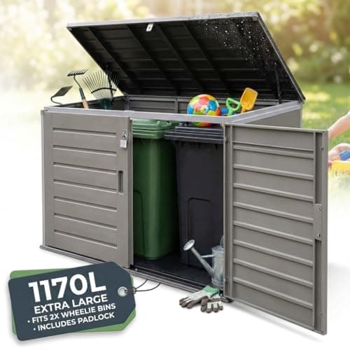 Image of Olsen & Smith Wheelie Bin Storage Shed 1170L Extra Large XL Outdoor Garden Storage Boxes with Padlock - Plastic Shed Box Cabinet Cupboard - for 2x 230L Bins, Garden Tools, Bike Storage, Toys & More