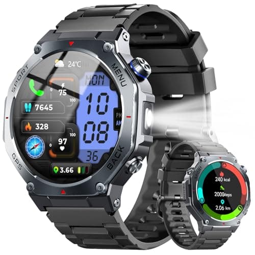 Image of GPS Smart Watch for Men, 1.43" AMOLED Military Fitness Watch, Smartwatch with 5ATM Waterproof, 130+ Sports, Heart Rate/Sleep/SpO2 Monitor, Bluetooth Calling, Outdoor Fitness Tracker for Android iOS