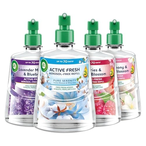 Image of Air Wick Aerosol-Free Automatic Air Freshener Spray | Lasts Up to 3x70 Days (4 Refills, Pure Serenity, Berries & Peach Blossom, Lavender Meadow & Bluebells, White Peony & Jasmine Blossom)