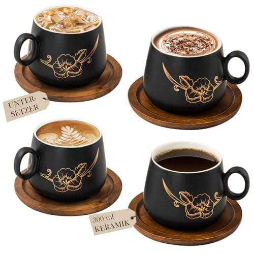 Image of Yundu Matte Black Ceramic Cappuccino Cups Set of 4-300 ml Cappuccino Cups with Wooden Coasters & Golden Flower Design, Coffee Cups Set with Saucer for Latte Art, Espresso Cups, Tea