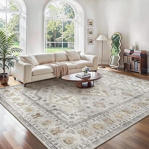 Image of GENIMO Rugs Living Room 200x290cm - Washable Large Rug Short Pile Non-Slip Carpet,Soft Durable Easy Clean Beige Rug for Dining Room,Home Office