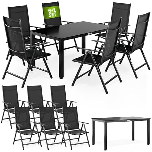 Image of CASARIA® Bern 6+1 Garden Dining Furniture Set | 6x 8 Way Adjustable High Back Folding Chairs | Table 150x90cm Aluminium 5mm Black Safety Glass | Weatherproof Patio Balcony Deck Seating | Anthracite