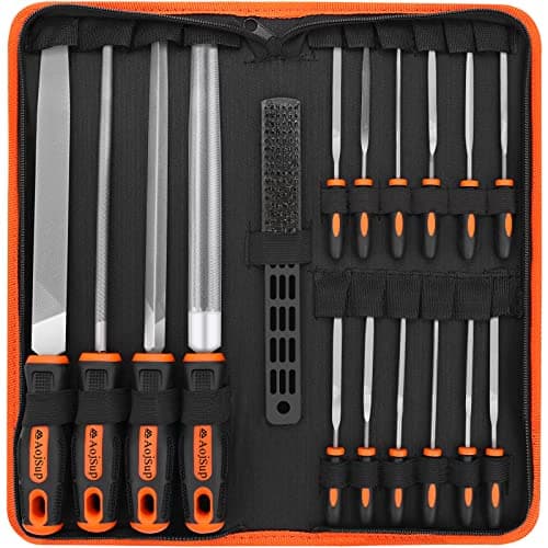 Image of AojSup 17Pcs Metal File Set, Professional Files Tools, Premium Metal Files with Suitcase, 4X Large Files - Flat/Triangle/Half-Round/Round File&12x Needle Files, Perfect for Wood, Metal&DIY Project