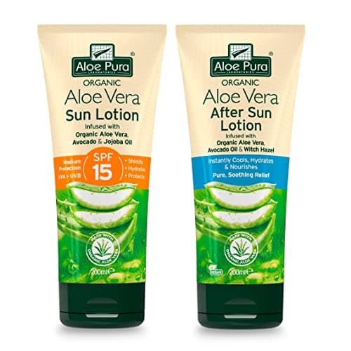Image of Aloe Pura Organic Aloe Vera Sun Lotion SPF 15 & Aftersun, Natural, Vegan, Cruelty Free, Paraben & SLS Free, Long-Lasting Shield, Medium Protection, 200 ml