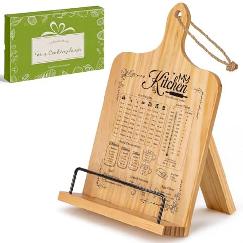 Image of PUERSI Cook Book Stand for Kitchen Counter, Wooden Recipe Book Holder with Measurement Conversion Chart, Adjustable Cookbook Stand, Kitchen Gifts for Cooking Lovers