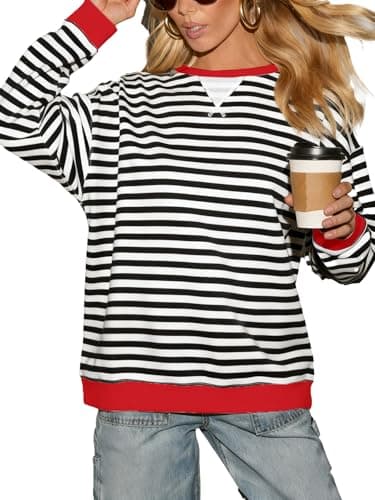Image of Dressmine Sweatshirts for Women UK Striped T Shirts Size 8 Daughter Gifts Cotton Oversized Casual Clothes Pullover Tee Black