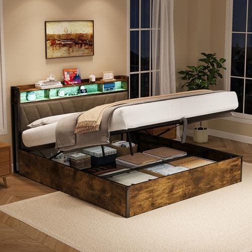 Image of 5ft King Size Bed Frame with Hydraulic Lift & RGB LED Storage Headboard, Linen Functional Ottoman Bed with USB Type-C Charging Station, Gas Lift Beds with Storage&Metal Slats,Black+Walnut,No Mattress