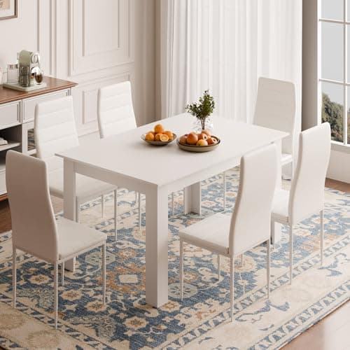 Image of Mondeer Dining Table and Chairs Set 6, Dining Room Sets High Back Faux Leather Chair, for Kitchen Home Office, 138 x 90 x 75 cm, White Table and Chairs