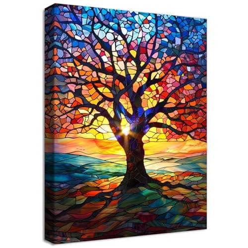 Image of Wooden Framed Canvas Wall Art Colorful Tree of Life Canvas Print Abstract Red Yellow Blue Picture Painting Poster for Living Room Bedroom Bathroom Corridor Home Wall Decoration Ready To Hang 40x60cm