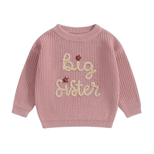 Image of Yassiglia Big Sister Little Sister Matching Outfits Toddler Baby Girls Fall Winter Jumper Cute Knit Sweater Letter Embroidery Pullover Top Knitwear (Rosy Pink-Big, 4-5 Years)