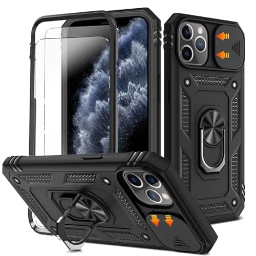 Image of HpulaCase for iphone 11 Pro Case with Camera Cover Slider, 2*Screen Protectors,Build in 360°Rotating Ring Kickstand, Military Grade Protective Case for iphone 11 Pro 5.8"-Black