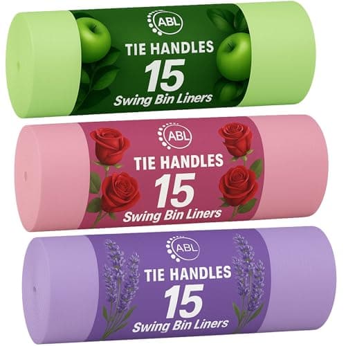 Image of Scented 50L Swing Bin Liners | 15 Lavender, 15 Apple, 15 Rose Scented Bin Liners 50L | Tie Handle Bin Bags 60cm x 94cm 45 Bags Total. Great smelling scent bin liner to keep your home fresh