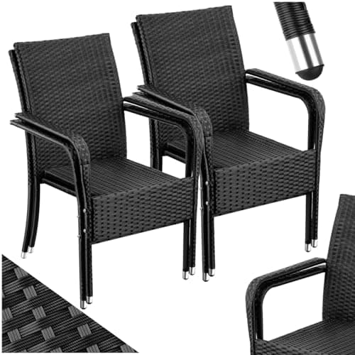 Image of tectake® Set of 4 Garden Chairs in UV- & Weather-Resistant Polyrattan, Stackable Rattan Chair Set with Steel Frame, High Backrest & Wide Armrests, Ideal Patio, Balcony & Garden Furniture Set - Black
