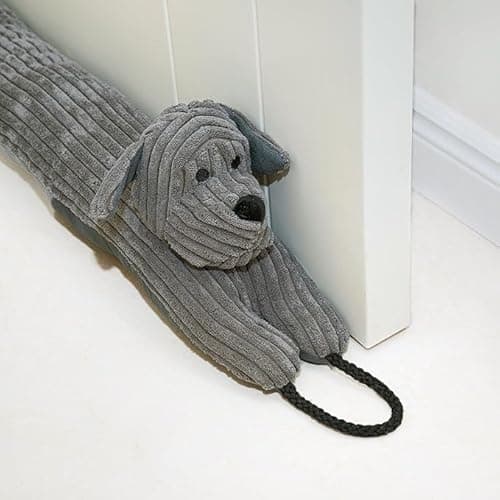 Image of Grey Dog Draught Excluders Door Stopper Herringbone Fabric Material & Filling, Stitched, Velvety Soft Draft Excluder