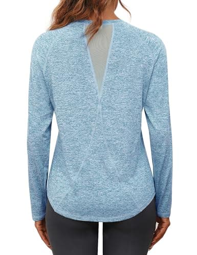Image of Gyabnw Long Sleeve Yoga Tops for Women UK Gym Running Tshirt Workout Sport Activewear Pilates Hiking Exercise Blue