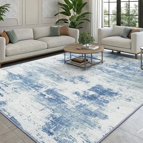 Image of smiry Modern Abstract Area Rugs Living Room 140x200cm, Machine Washable Non-Slip Short Pile Rug, Durable Faux Wool Carpet for Bedroom, Dining Room, Home Office, Lvory Blue