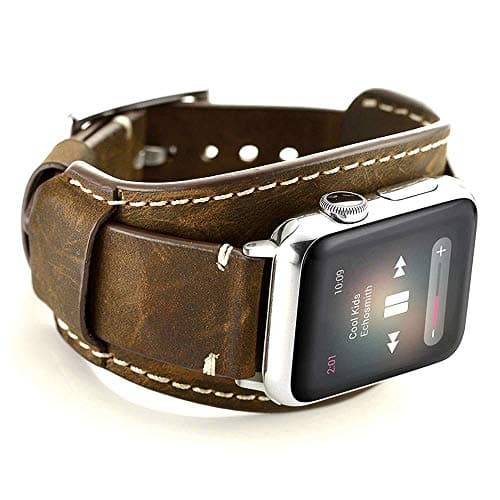 Image of Leotop Compatible with Apple Watch Strap 42mm(Series 10) 41mm 40mm 38mm,Genuine Leather Band Cuff Bracelet with Stainless Steel Buckle Compatible iWatch Series 10/9/8/7/6/5/4/3/2/1 SE SE 2 (Coffe)