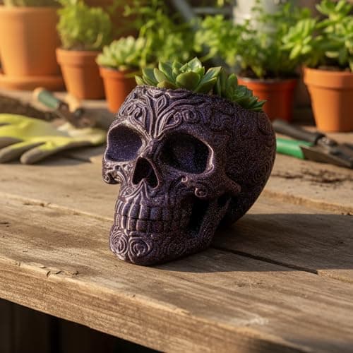 Image of Red Dragon Seeds Purple Galaxy Skull Planter – 3D Printed Decorative Head Pot with Silver Speckles – Cosmic Gothic Planter for Succulents, Cacti & Houseplants – Unique Space-Themed Home Décor Gift