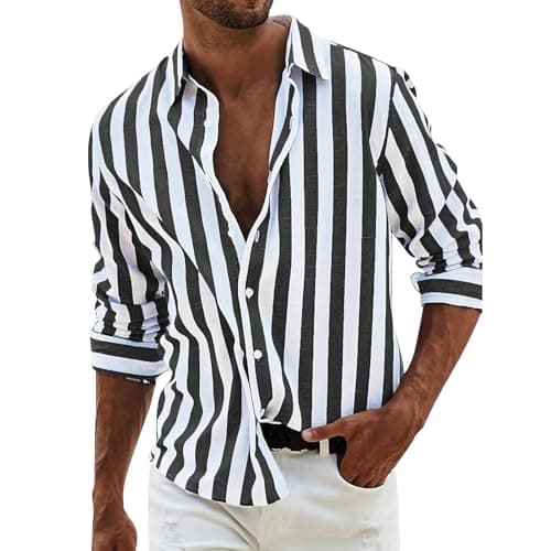 Image of Mens Casual Linen Shirt Cotton - Summer Striped Casual Shirt Beach Shirts Tops Grandad Collar Shirts Button Up Shirt Mens Overshirt Lightweight Stylish Jacket Loose Fit Dress Shirts Black