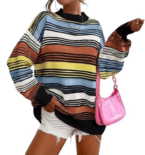 Image of CHARTOU Women Contrast Striped Pullover Sweater 2025 Fall Outfits Oversized Knit Jumper Tops, Black, Small