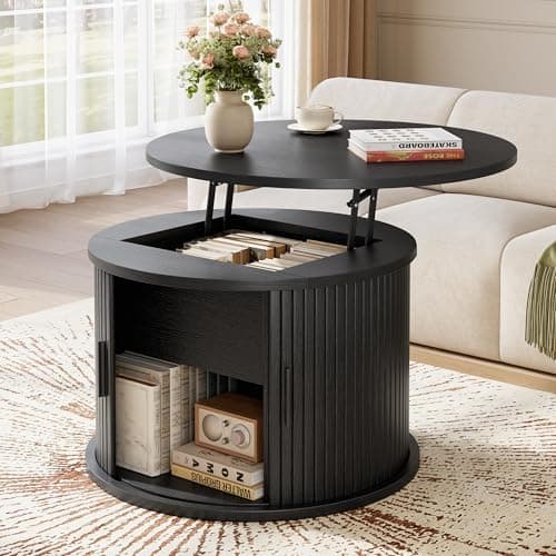 Image of Hizyrina Round Lift Top Coffee Table, 60cm Fluted Drum Coffee Table with Large Hidden Storage for Living Room, Center Table with Sliding Rolling Door for Small Spaces, Apartment, Home Office, Black