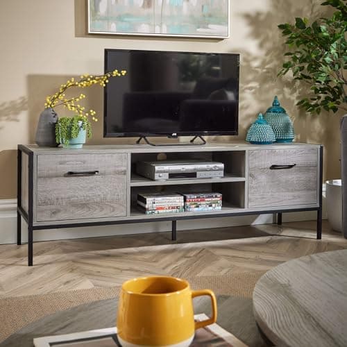 Image of Home Source TV Unit Media Stand Cabinet, 2 Cupboards and Shelf Storage, Grey Finish