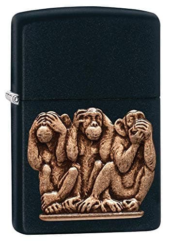 Image of Zippo Windproof Lighter - Three Monkeys - Black Matte - Emblem Attached - Refillable - Reusable - Gift Box - Made in USA