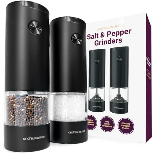 Image of Andrew James Salt and Pepper Mills Electric Grinder Set Stainless Steel Illuminated Dispenser Adjustable Coarseness Ceramic Blades, One Touch Operation, Battery Power, 17.5cm x 5cm (Matt Black)