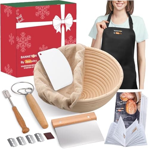 Image of Jeensley Boxed Sourdough Starter Kit with Apron Round Bread Proofing Basket Banneton with Liner and Bread Making Tools Handmade from Quality Natural Indonesian Rattan Bread Making Accessories